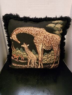 Ashford Court Mother & Baby Giraffe Africa Tapestry Accent Throw Pillow Fringe